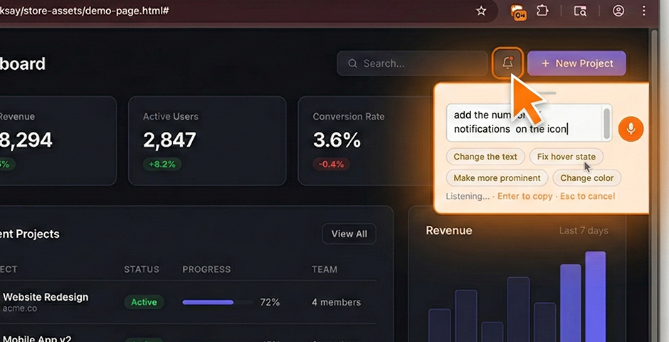 ClickSay demo - click any element, say your fix, paste into AI